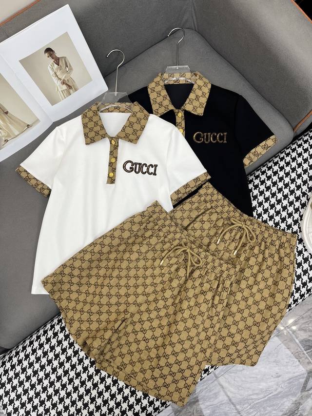 Gucc* 25Ss新款老花面料拼接Polo衫短裤套装 字母贴皮绣花装饰 休闲款 两色三码Smla807
