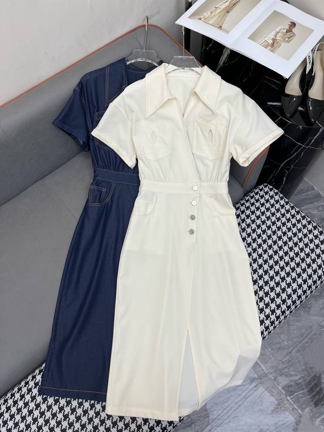 Chane* 25Ss新款翻领短袖连衣裙 双C口袋装饰 颜色显高级 简约气质 两色三码Sml