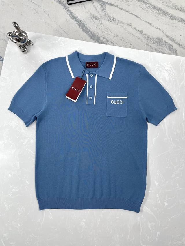 高版本 Gucci-古驰-25Ss新款浅蓝色胸前口袋字母Logo刺绣针织短袖Polo衫 Size:S-Xl