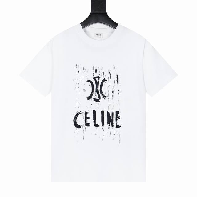 款号Y785 Celine赛琳涂鸦手绘字母Logo印花短袖T恤男女情侣同款 高品质280克 活性面料 同缸染面料 手感非常舒服 春夏最新砖柜同步 时尚又个性 超