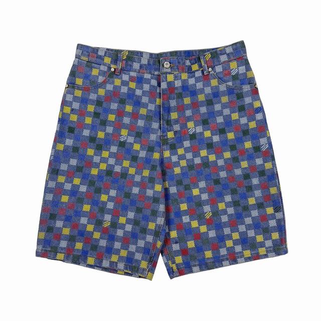 Lv 彩色棋盘格拼色牛仔短裤 码数Xs-L