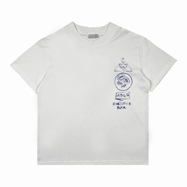 Cd Summer 25Ss 粉圈插画数码印花圆领短袖 码数Xs-L