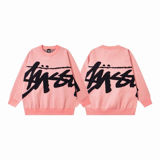 款号503# 现货发售 斯图西Stussy Fw22 大Logo宽松套头圆领手工编织宽松廓形针织美式复古毛衣 男女同款 颜色：黑色 粉色 码数：S M L Xl