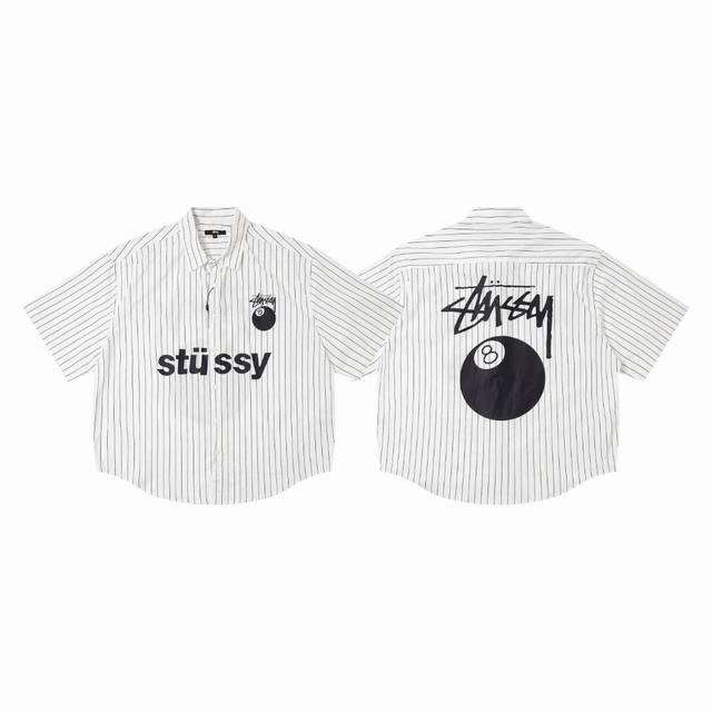 款号6969# 现货发售 Stussy 斯图西经典黑八印花翻领条纹短袖衬衫 25夏季新款男女同款 颜色：米白 码数：S M L Xl