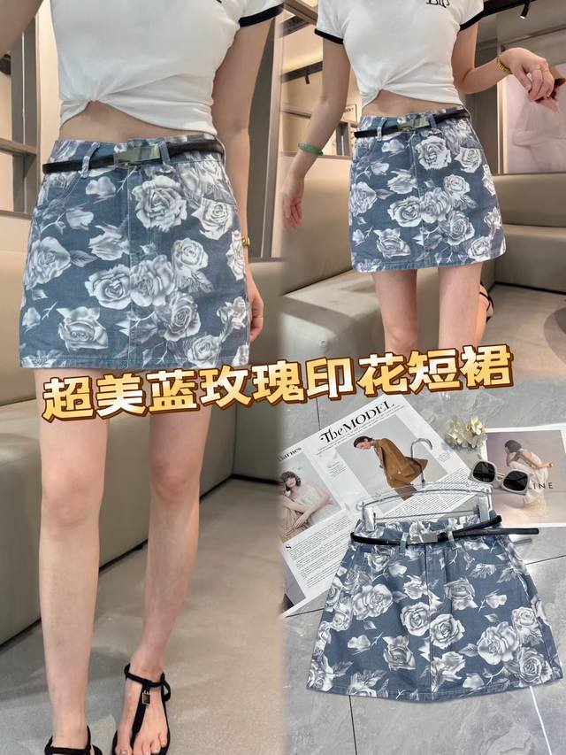 浪漫因子拉满！ 这条超美蓝玫瑰印花短裙，将牛仔与花卉元素美妙融合。蓝底白花，清新又不失优雅，每一朵玫瑰都像是诉说着夏日情话。高腰版型搭配腰带，轻松勾勒腰线。短裙