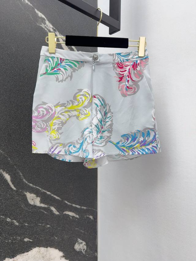 上衣配腰带 长裤 短裤 C家 25Ss 春夏新品羽毛印花系列 腰链真丝亮片花边领中长款衬衫+透视感真丝阔腿长裤+真丝小短裤 进口100%桑蚕丝面料质感轻盈舒适