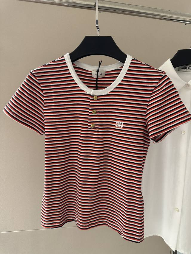 上新！ Celin* 25Ss夏季新款 知识分子时髦风气质条纹短袖T恤丨高版出品！复古海军条纹甜妹减龄运动少女单品！立体刺绣凯旋门低调奢华！进口定制面料质感超赞