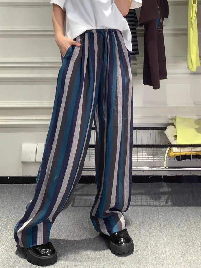 裤子 亚麻条纹裤！！高端欧货女装2025夏季新款时尚高腰抽绳条纹百搭休闲裤