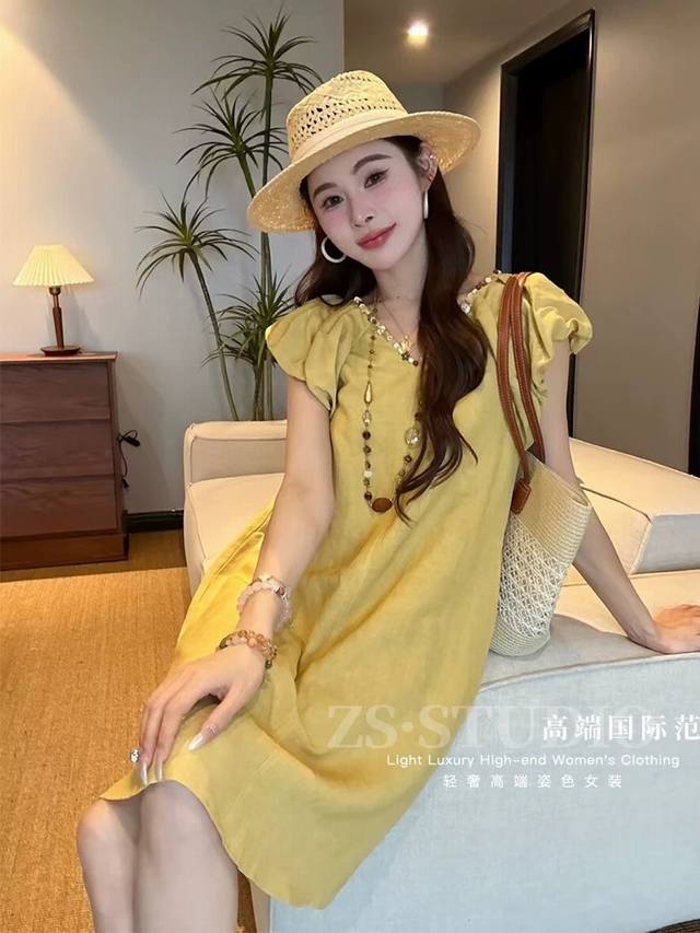 连衣裙 爆款俩色！手工串珠天丝亚麻减龄穿搭小个子甜辣风气质A字连衣裙，黄色和白色，Smlxl，