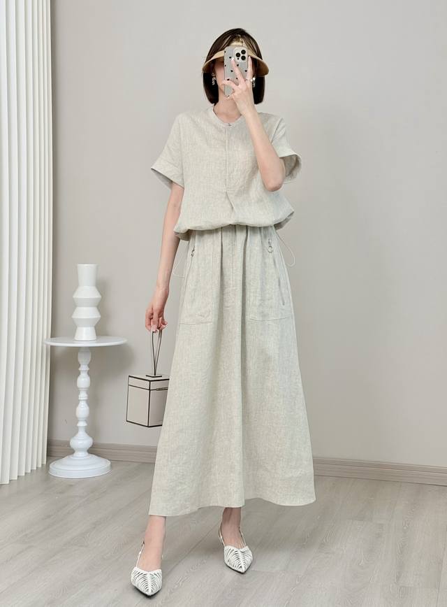 套装 文艺立领衬衫+松紧腰半裙 材质：亚麻 颜色：本麻 白 尺码：Sml