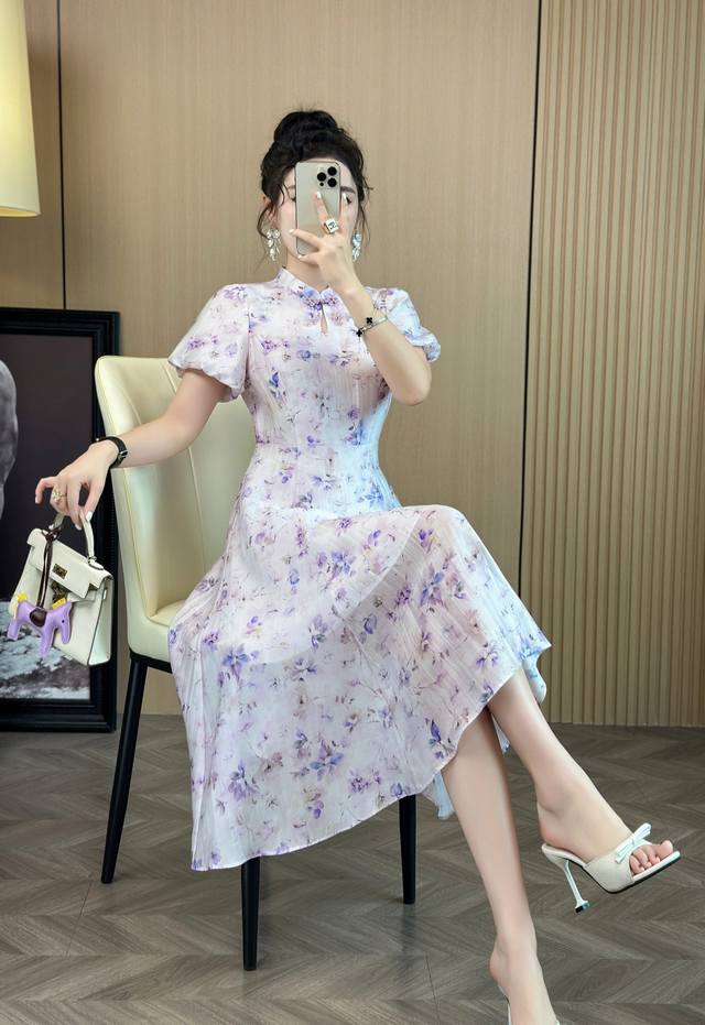 连衣裙 天丝印花改良旗袍连衣裙出货 优雅收腰气质款 紫花 浅绿花 S Xxl