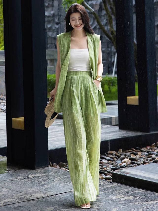 套装 爆款推荐，亚麻气质无袖马甲外套阔腿裤两件套装女时尚洋气超好看一整套穿搭Smlxl两色