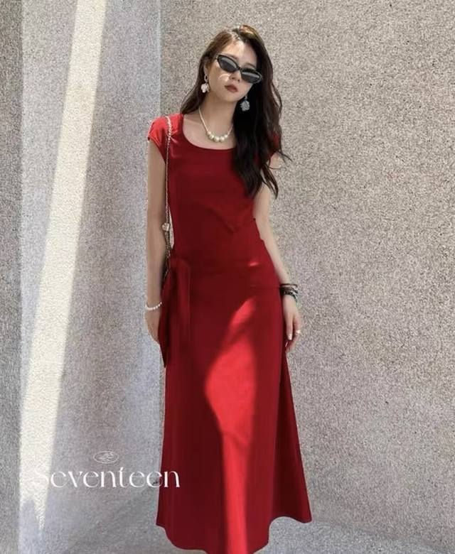连衣裙 爆款主推上新！欧洲站欧货U领 收腰显瘦女人味气质连衣裙，舒适轻薄珠地面料，柔软透气，红色，黄色，黑色，Smlxl 面料：棉混纺 M码胸围90肩宽47腰围