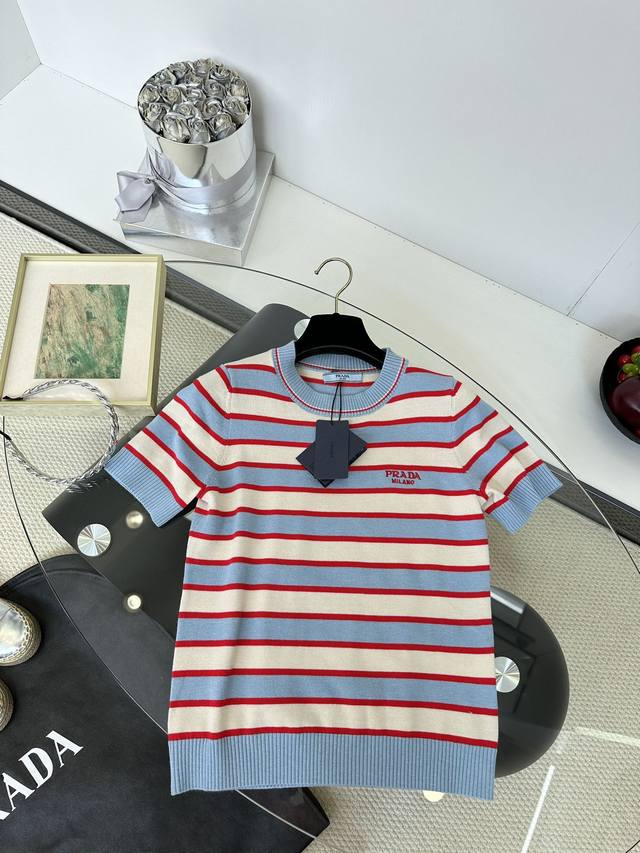25Ss 普拉达撞色条纹针织短袖 Size S M L