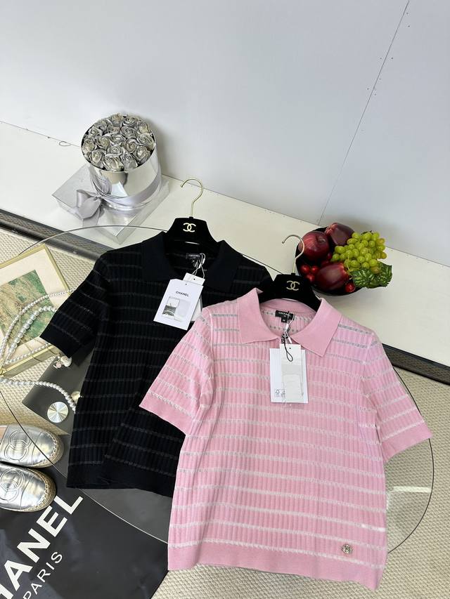 25Ss 小香条纹翻领Polo 针织短袖上衣 超减龄 Size S M L