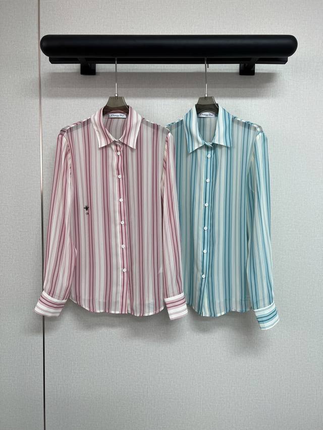 高品质Dio* 25Ss新款夏季衬衫 印花条纹拼色 进口面料 轻盈细腻 小蜜蜂刺绣 纽扣式版型 高品质 两色三码Sml