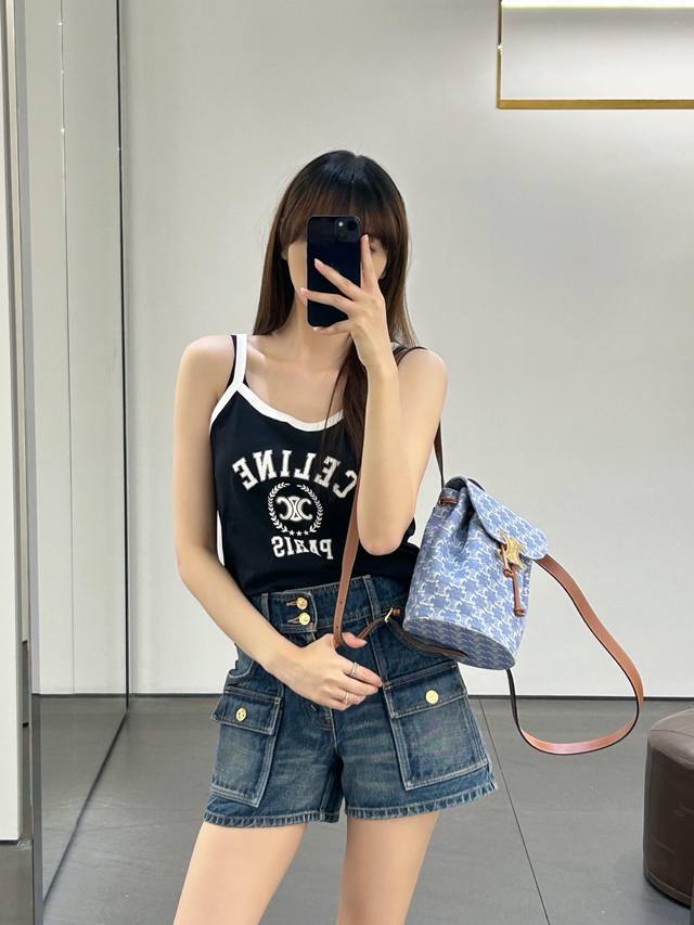 Celin* 25Ss春夏新款 印花吊带小背心丨独家高版出品！经典小短款版型万能百搭上身超显瘦！进口纯棉质感超舒适！圆领版型上身巨显瘦！简约优雅又高级！完美做工