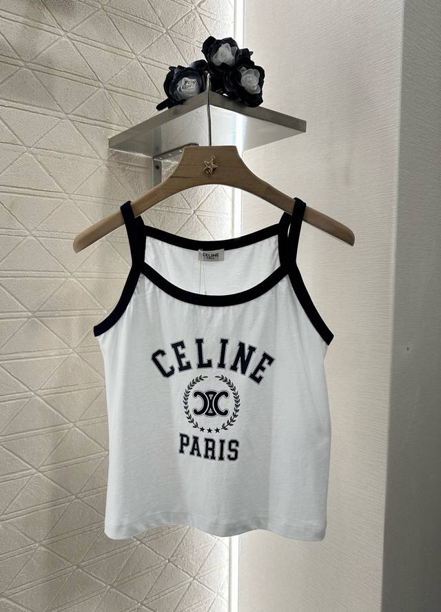 Celin*2025新品上架 细肩吊带背心 定制Yb斜纹全棉材质 质感舒适 弹力透气 细肩吊带背心版型 裁剪简约时髦 通体肩带领口与大身形成碰撞色彩 胸前字母徽