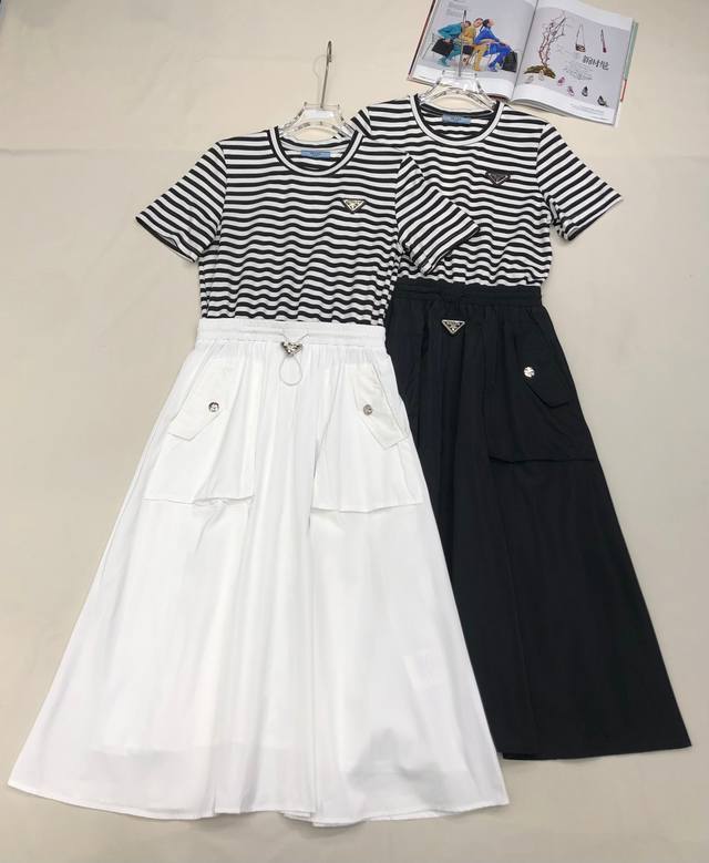 Pr141* 25Ss新款连衣裙 条纹拼接设计 收腰显瘦 经典三角标 高品质 两色三码Sml