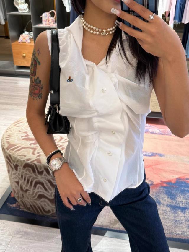 25Ss春夏Vivienne Westwood面丝绸收褶衬衫。Smlp P ：粉色、白色