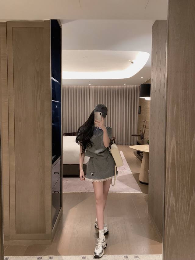 套装小香中古拼接蕾丝短袖短裙套装Sml