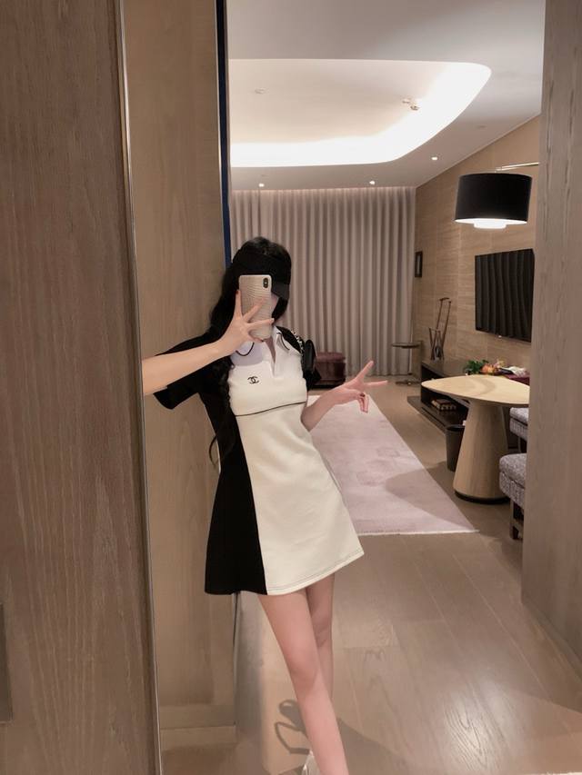 小香中古拼接撞色Polo短袖连衣裙～～Sml