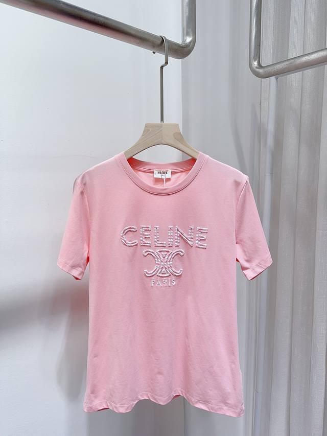 Celine家！订单款！胸前刺绣凯旋门字母Logo 图案圆领丝光棉短袖T恤！三标齐全！三色！码数S M L，现货发！ M码胸围92衣长62