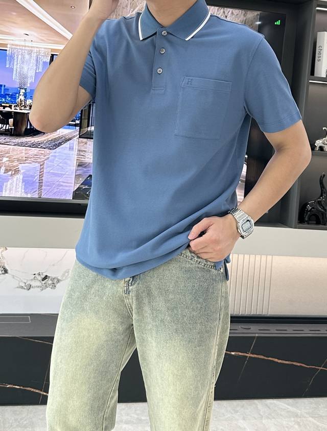 H家 2025春夏新款 男士T恤 经典翻领胸前Logo刺绣Polo衫短袖 翻领设计、既不单调也不复杂！H经典刺绣图案、品牌标志、立体饱满！整体走线工整对称、工艺