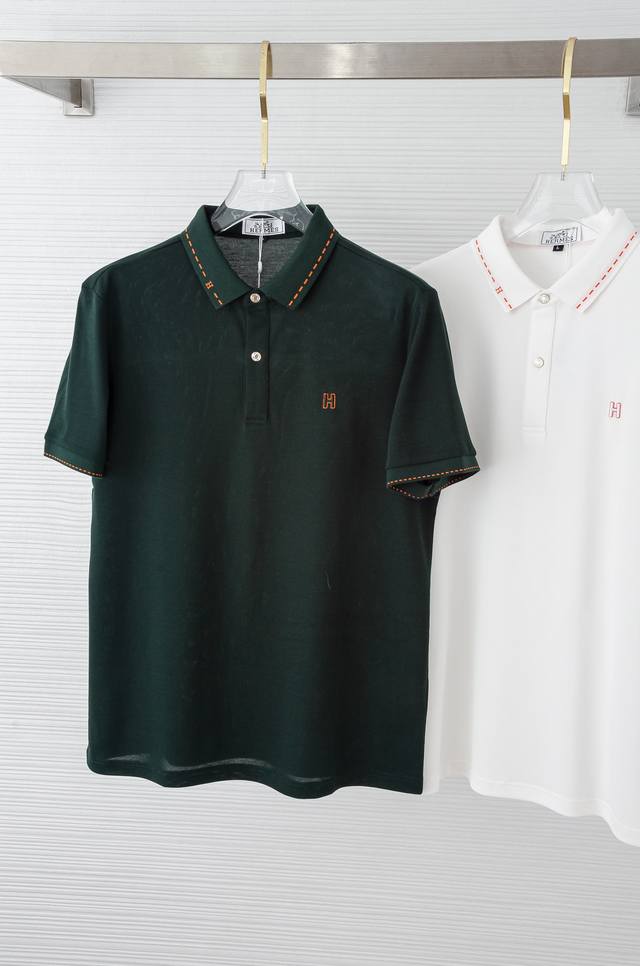 Herm#* Es H家2025 男士商务休闲纯色翻领短袖Polo衫#客供进口100%珠地棉面料，甄选上等长绒棉花原料，面料属性皆为上乘，网眼结构细腻自然，经过