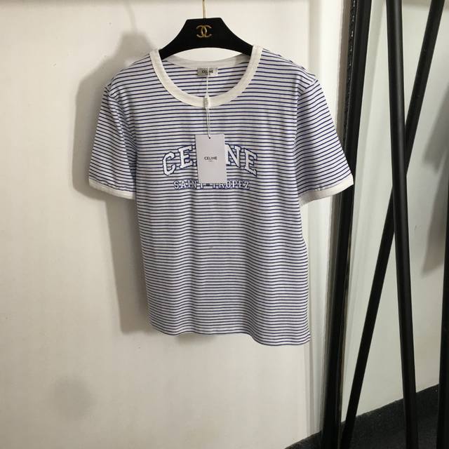 款号20253652 Celin*新款 Logo字母印花条纹短袖T恤，蓝色，Sml， M码；肩宽41，胸围94，袖长22，长61