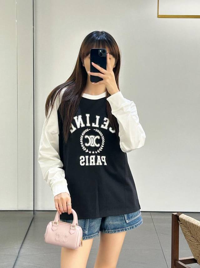 Celin* 25Fw早秋新款 麦穗凯旋门印花长袖T恤丨独家Yb开发！高版出品！轻盈纯棉面料当防晒穿也好看，撞色袖拼接设计时髦精必备单品解锁所有穿搭！认准我家品