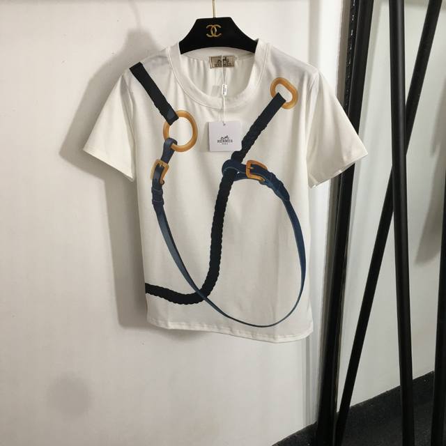 款号20253554 Herme*新款 皮带印花短袖T恤，白色，Sml， M码；肩宽39，胸围96，袖长17，长61