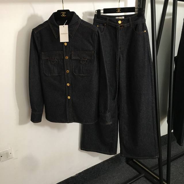 款号20253643 Zimmermann新款牛仔套装，胸前双口袋长袖牛仔衬衣外套+高腰阔腿牛仔长裤，配腰带，深蓝色，Sml， M码；肩宽39，胸围98，袖长5
