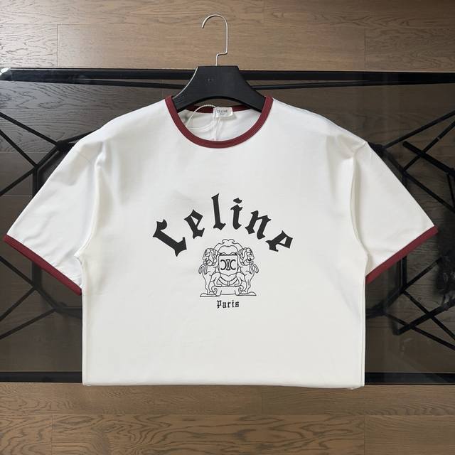 Celine赛琳2025Ss夏季新款字母刺绣短袖T恤 赛琳家特别定制款，每年必出的经典款，立体品牌字母浮雕凸印刺绣，肩膀条纹设计标识，御用32织双纱全棉材质，舒