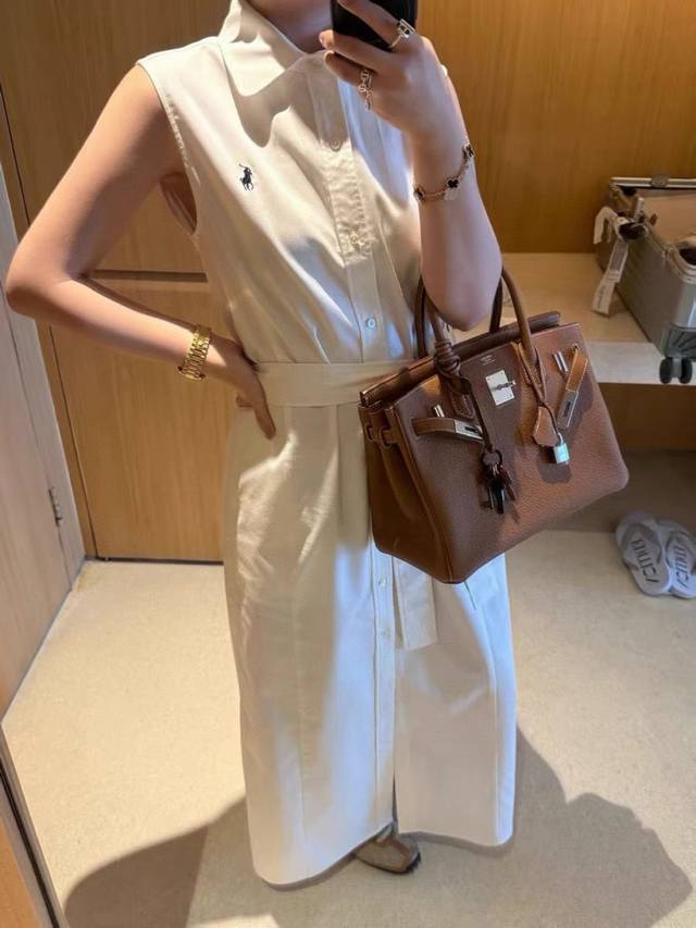 Ralph Lauren 拉夫劳伦Rl小马刺绣翻领无袖长款连衣裙配腰带 款号：25674006404 颜色：白色 卡其色 藏蓝色 尺码：Sml S胸围84衣长1
