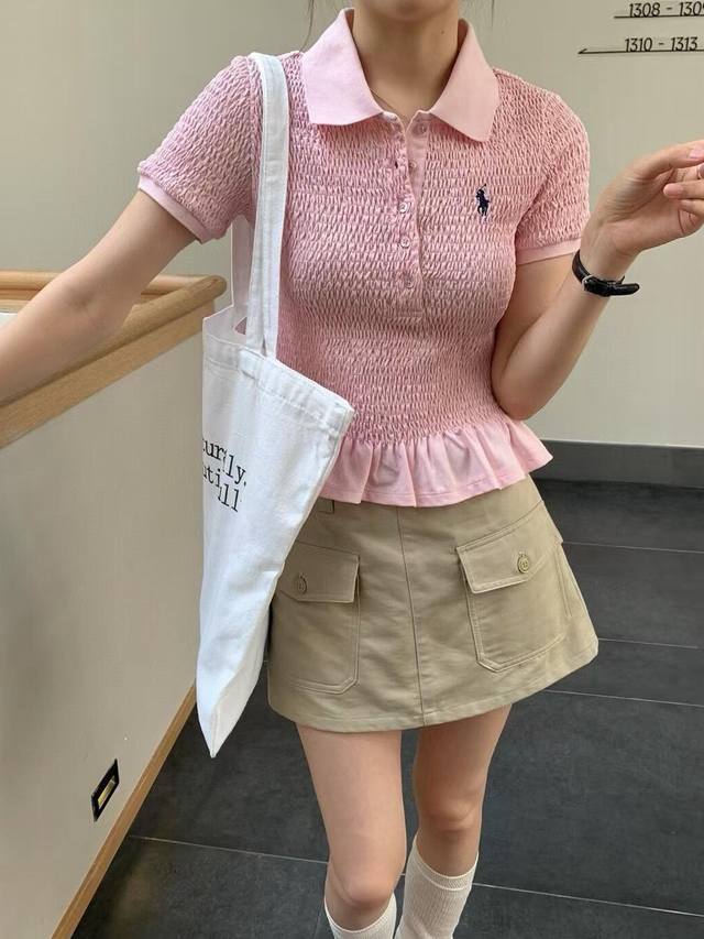 Ralph Lauren 拉夫劳伦Rl小马刺绣翻领短袖芭蕾褶皱上衣 款号：25674006139 颜色：白色 黄色 粉色 绿色 尺码：均码 80-125斤