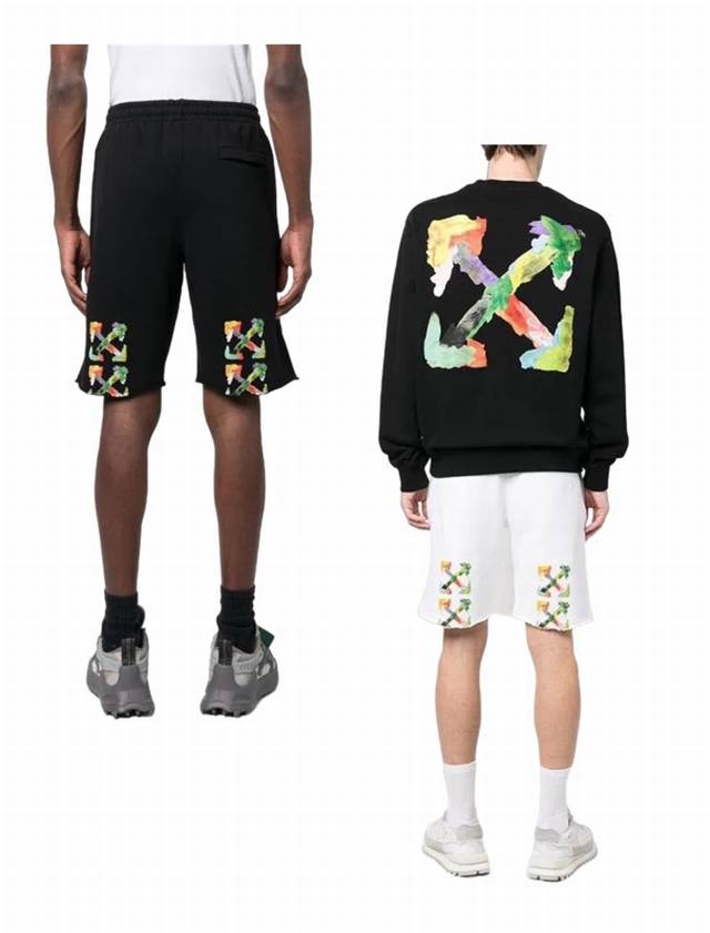 现货： # Ss春夏新品！ 品牌：Off-White 水彩油画箭头款五分裤 短卫裤！ 颜色： 黑色 白色 尺码：Xs-S-M-L 做工： 立体剪裁：一片成型 裆