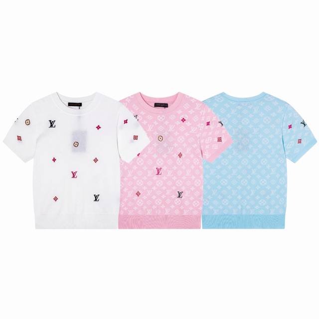 Louis Vuitton 路易威登Lv 25Ss春季新款暗纹提花针织刺绣绣花Logo女款圆领针织短袖T恤-顶级版本 Color：粉色 蓝色 白色 Size：