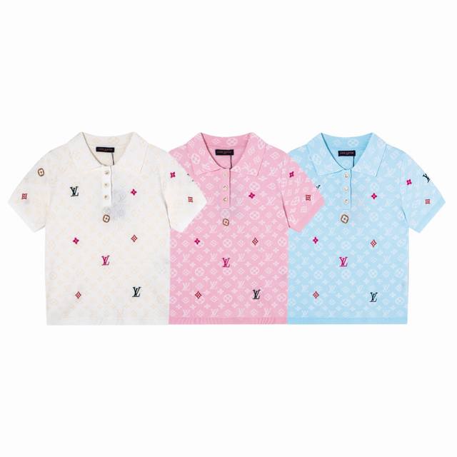 Louis Vuitton 路易威登Lv 25Ss春季新款暗纹提花针织刺绣绣花Logo女款针织Polo衫短袖T恤-顶级版本 Color：粉色 蓝色 白色 Siz