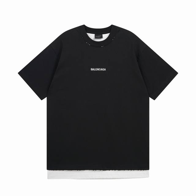 Balenciaga 巴黎世家2025 Ss 最新双层两件套前后经典字母刺绣洗水磨烂做旧短袖T恤 本市场No.1的质量 真正天花板品质成衣洗水磨烂做旧 全部原版
