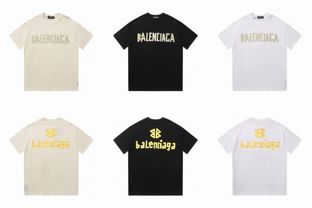 Balenciaga巴黎世家黄胶带字母印花限定纯棉短袖T恤男女同款半袖上衣 采用230克双纱面料， 抖音 小红书 爆款 简单耐看的设计 Is 剪裁宽松风格 男女