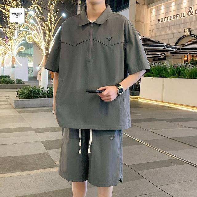 Prada普拉达海外版25Ss新款四色Ins相拼宽松版连帽情侣款短袖短裤套装！ 采用薄款工装梭织面料 舒适透气 有质感 做工精细 走线规则 落肩袖宽松版 不挑身