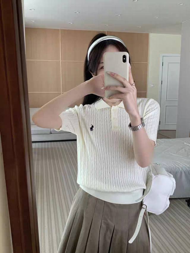 福利新款 供 拉夫劳伦Polo 可上淘宝 冰丝曲珠Polo领刺绣短袖 货号：6112 颜色：米白色艾叶绿 深灰色 尺码：均码 胸围88Cm 衣长56Cm 肩宽3