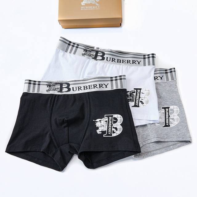 Burberry巴宝莉印花Logo礼盒三条装内裤 巴宝莉内裤 一盒三条装内裤 黑 白 灰三色 专柜盒装 内裤采用纯棉面料手感非常赞 不起球不变形 透气吸汗性非常