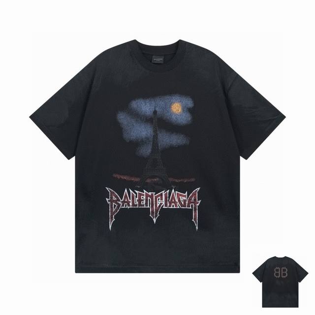 Balenciaga 巴黎世家2025 Ss 最新泥染做旧前埃菲尔铁塔后Bb喷墨涂鸦手绘渐变彩印水洗做旧破坏短袖短袖T恤 本市场No.1的质量 真正天花板品质