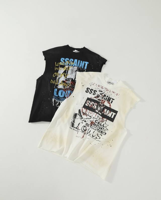 Sssaint Louis Saint手工泼墨涂鸦刀割破坏脏洗做旧重磅潮流背心 情侣款 顶级复刻，各路明星潮咖最爱单品，超重工的脏洗做旧，手工泼墨，不规则刀割破