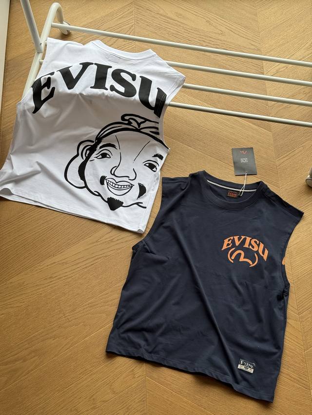 供 Evisu福神2025年夏款男士佛头印花休闲背心短袖 藏青 白色 S~Xxl 原版260克纯精梳棉面料，海鸥达摩佛头印花Logo，夏季一款超顶的单品背心 尺