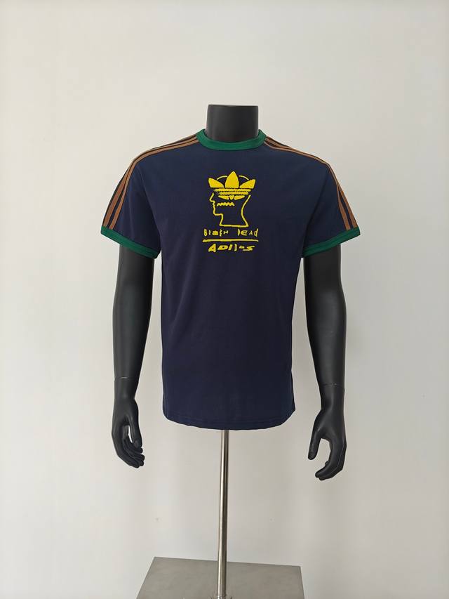 Adidas Originals X Brain Dead 三叶草脑死亡联名款 Ss25 植绒图案 绣花 Logo字母三条纹短袖T恤 海军蓝色 首发毒原版购入