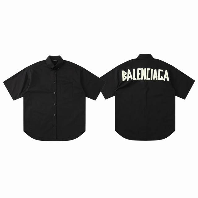 Balenciaga 巴黎世家 经典口袋黄胶带字母 Logo 印花情侣翻领短袖衬衣衬衫-顶级版本 Color：黑色 Size：S M L Number：2521