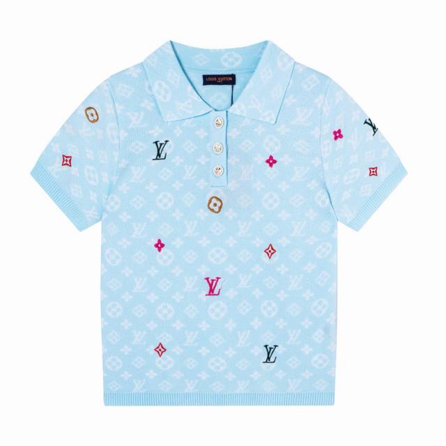 Louis Vuitton 路易威登Lv 25Ss春季新款暗纹提花针织刺绣绣花Logo女款针织Polo衫短袖T恤-顶级版本 Color：粉色 蓝色 白色 Siz